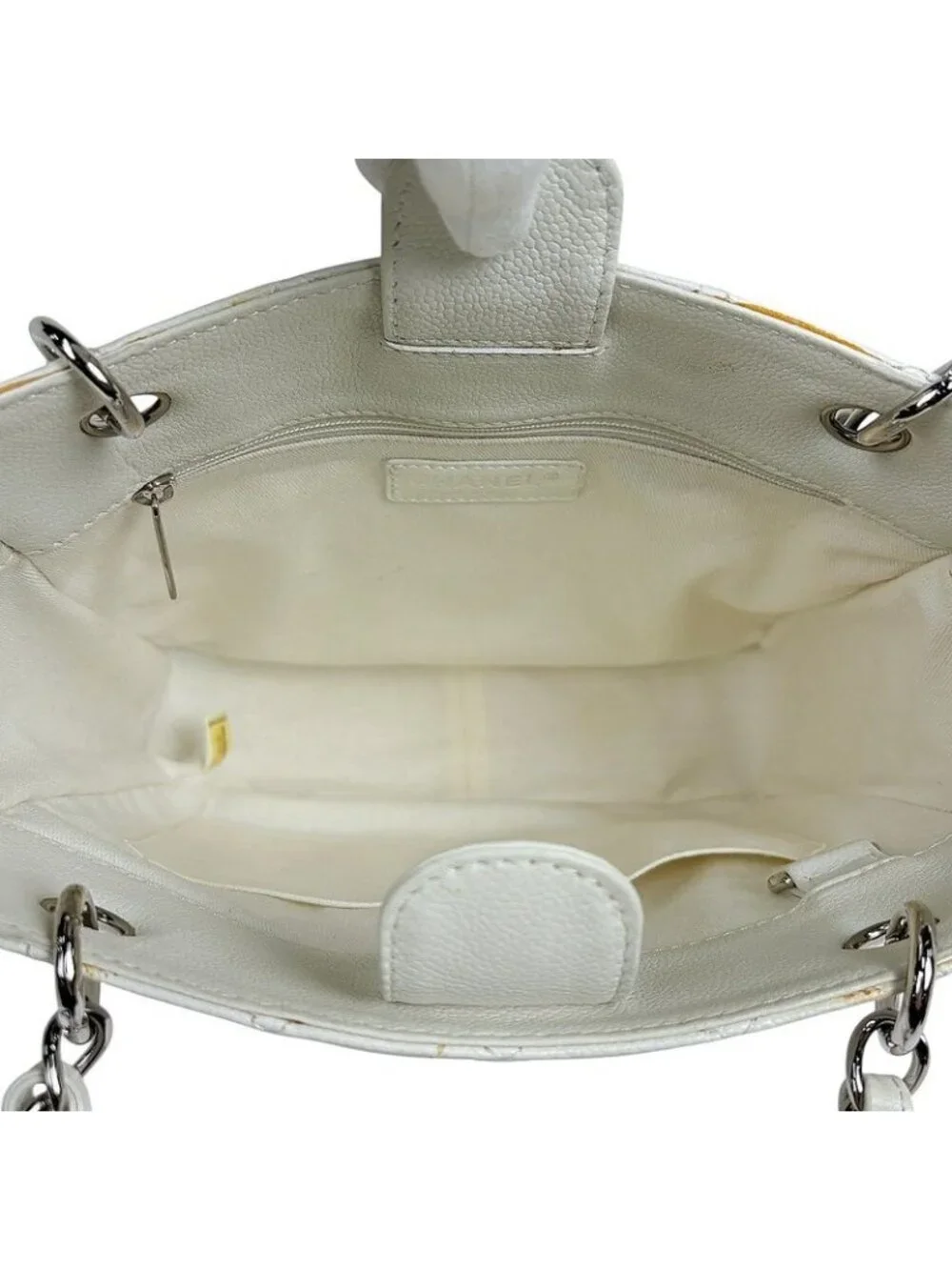 ★SOLD★ Chanel CC Logo Chain Tote Shoulder Quilted Caviar Leather White - Picture 12 of 13